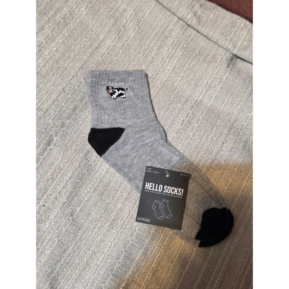 Hello Socks Women Grey Cow Embroidered Ankle Socks Recycled Polyester OS 4-10